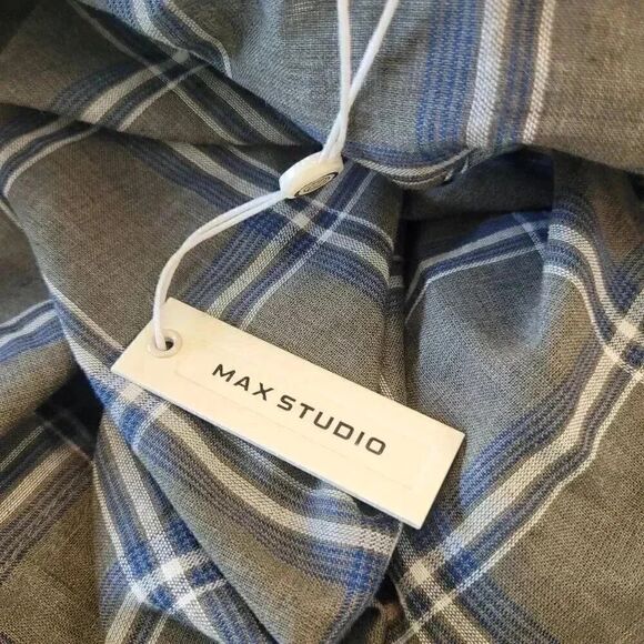 Max Studio Women's Khaki Cotton/Poly Plaid Button Down Roll Tab Sleeves Top NEW - Picture 6 of 8